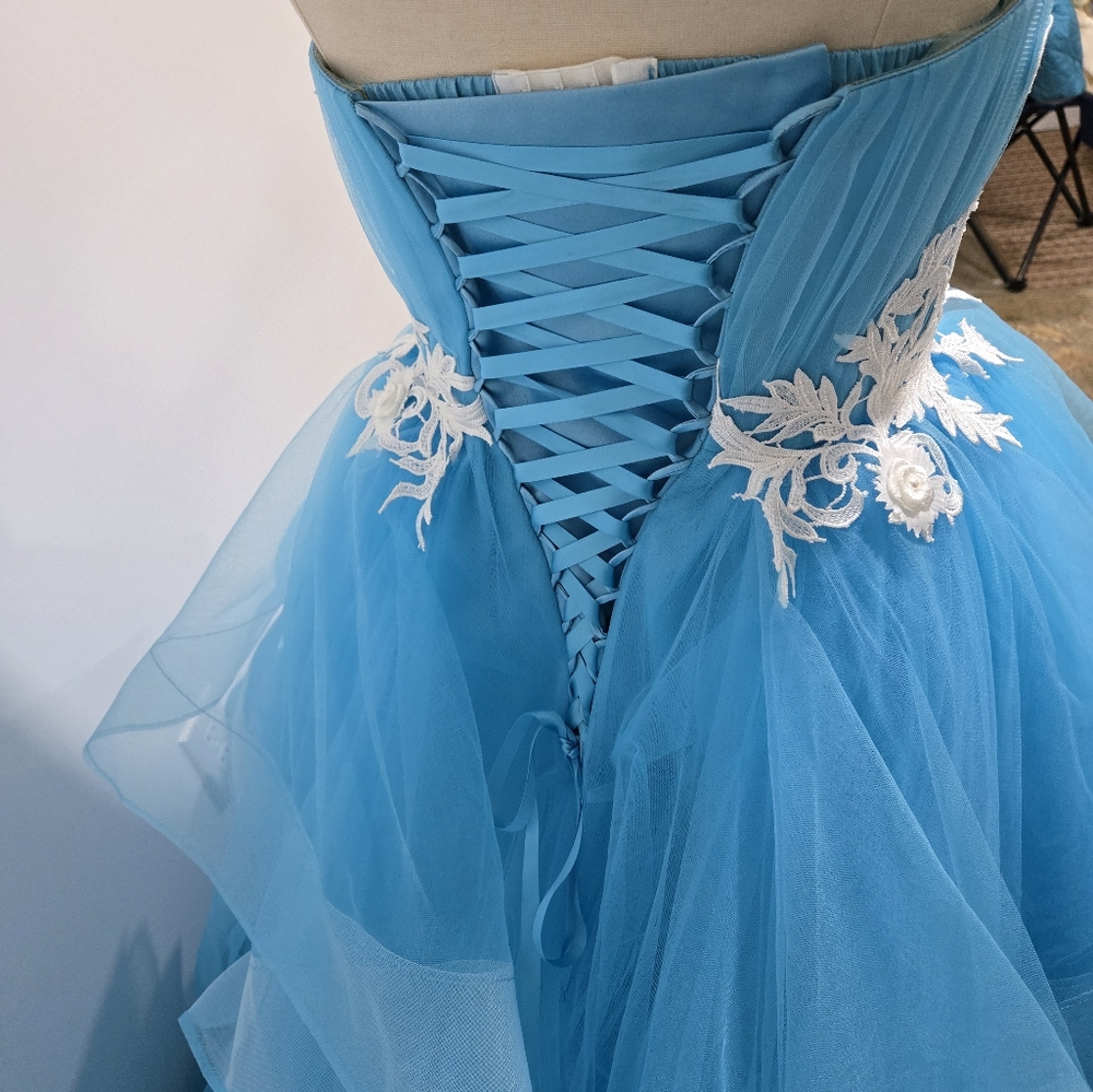 Mila Hoffman Custom Couture Ball Gown, Blue Topaz, White Floral Emroidered Waist - Picture 12 of 17